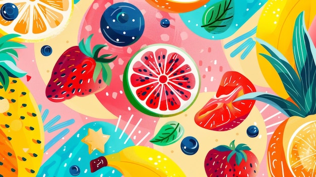 Fruits and structured patterns converge in a lively