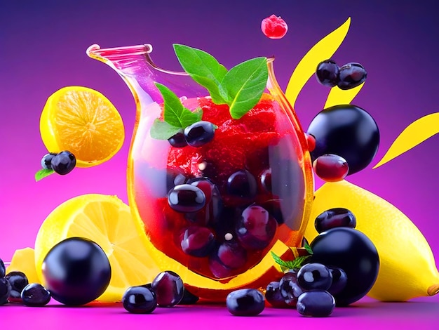 fruits together in the air pomegranatelemon jellyblack currant with leaf and ice menthol image