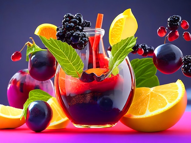 fruits together in the air pomegranatelemon jellyblack currant with leaf and ice menthol image