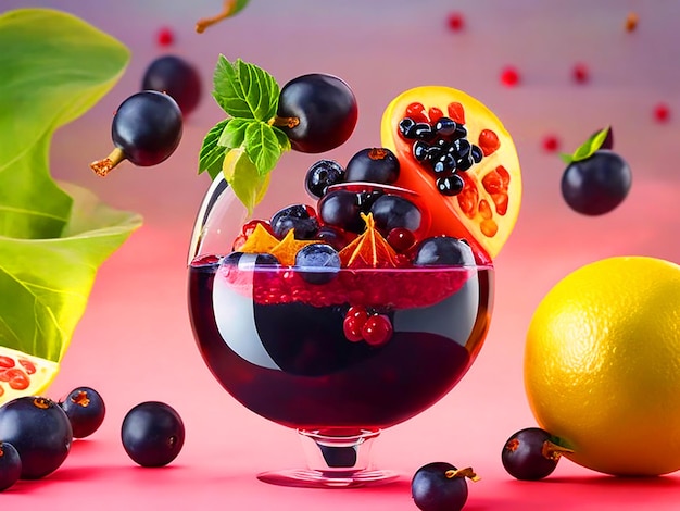 fruits together in the air pomegranatelemon jellyblack currant with leaf and ice menthol image