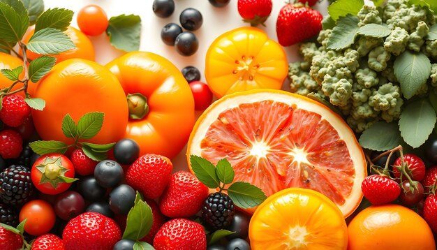 Fruits vegetables and berries Fresh food background Healthy food isolated with white highlights