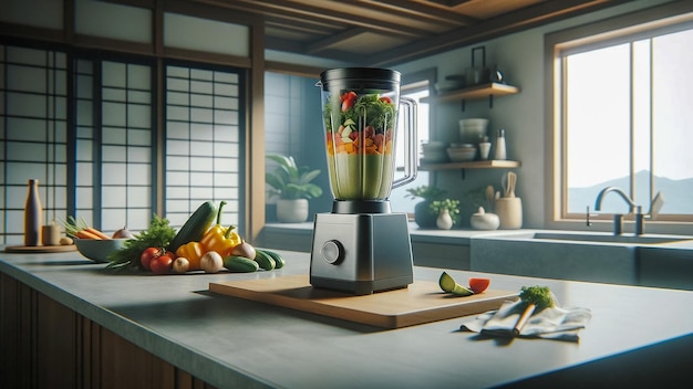 Fruits and vegetables in a blender Health care concept AI generative image