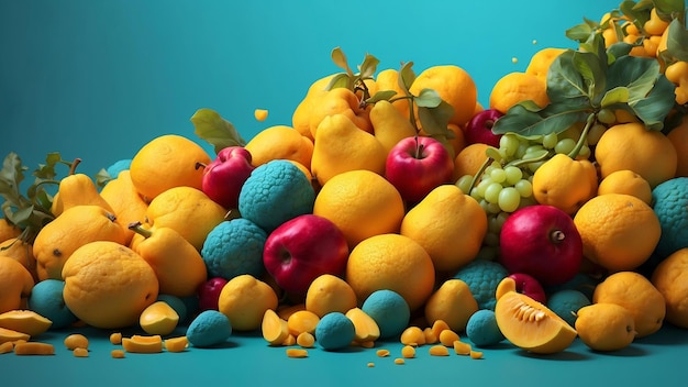 Fruits and vegetables on a blue background Healthy food concept