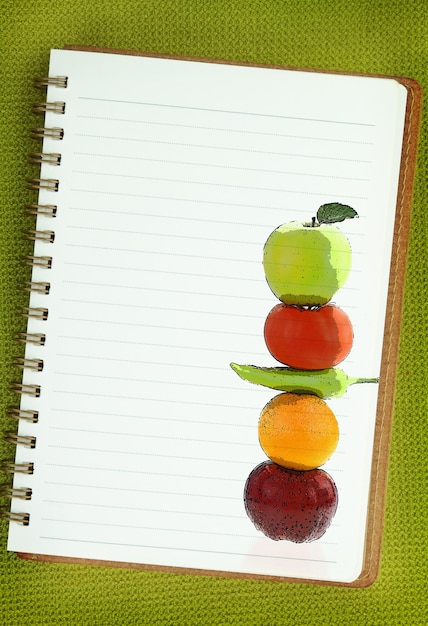 Fruits and vegetables painting on blank notebook page