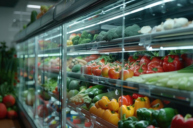 Fruits and vegetables in the refrigerated shelf of a supermarket