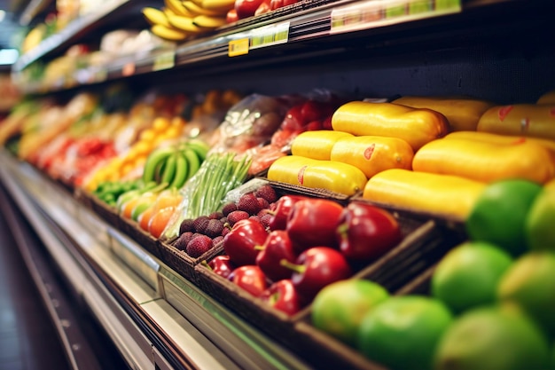 Fruits and vegetables in the refrigerated shelf of a supermarketAi generated