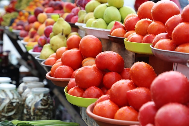 Fruits and vegetables selling on local farm market eco juicy products Shopping organic products Healthy grocery High quality photo