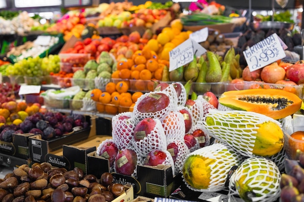 Fruits and vegetables stall in La Boqueria the most famous market in Barcelona