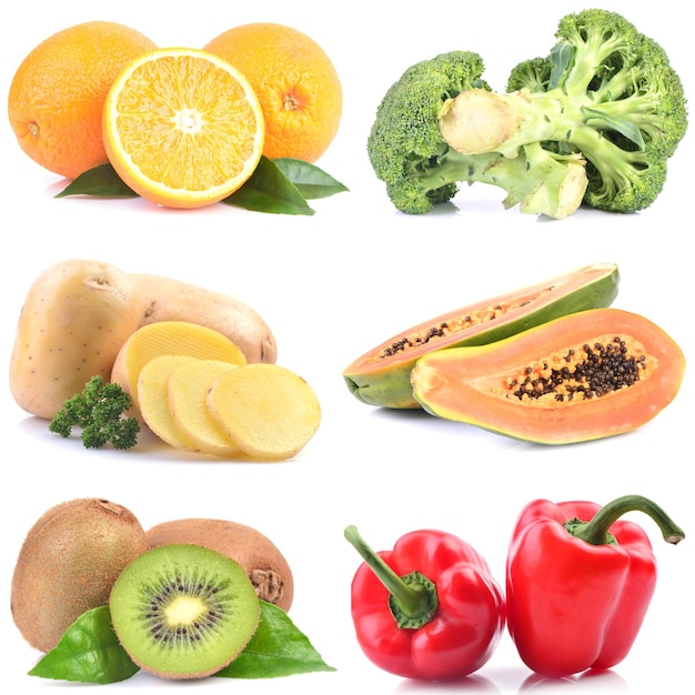 Fruits and vegetables on a white background