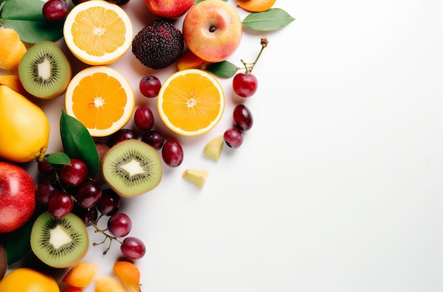 Fruits and vegetables on a white marble background Top view Copy space