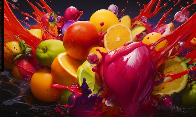 Fruits and vegetables with juice splashes on a black background