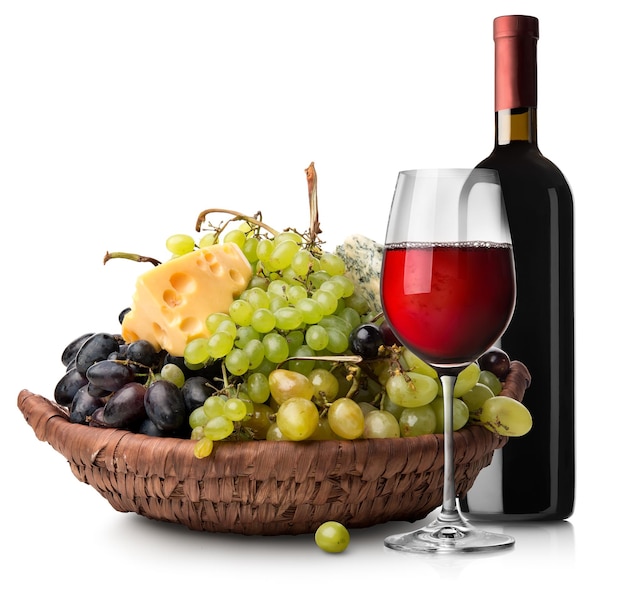 Fruits with cheese and wine isolated on white background