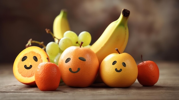 Fruits with faces drawn on them and a bunch of grapes