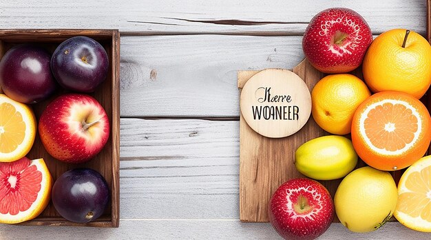 Fruits on wood texture background with space for text