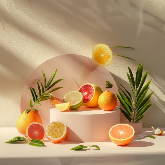 Photo fruitthemed podium with citrus summer fruits against a fresh minimalistic background