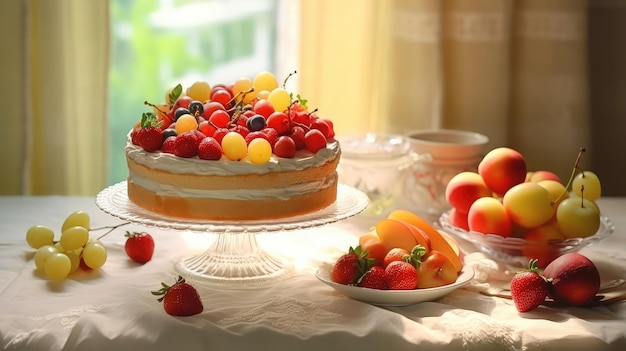 Fruity cream cake on a beautifully served table Fresh fruits and berries Healthy dessert AI Generate