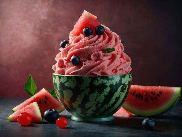 Photo fruity and refreshing watermelon sorbet ice cream scoops in a cup on top with mint cinematic food