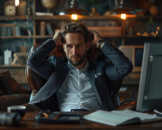 Photo frustrated businessman in suit grasping his head feeling stressed and overwhelmed in his office