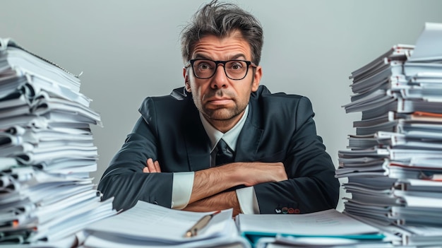 A frustrated businessman in a suit sits behind large stacks of documents showcasing the challenges o