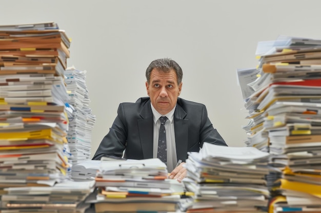 A frustrated businessman in a suit sits behind large stacks of documents showcasing the challenges o