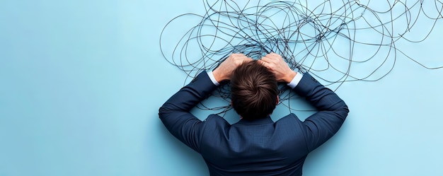 Photo a frustrated businessman surrounded by tangled wires symbolizing chaos and the struggle for clarity in a complex world