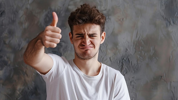 Photo frustrated caucasian man showing thumbs down