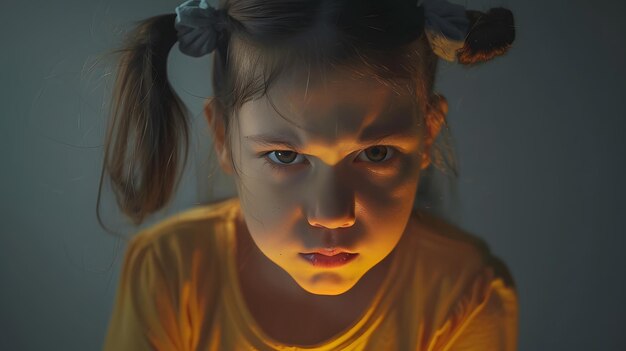 Frustrated little girl upset tired of parents fight looking at camera portrait of sa Generative AI