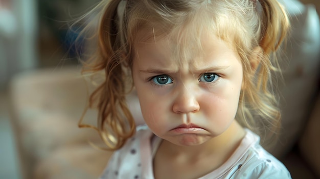 Frustrated little girl upset tired of parents fight looking at camera portrait of sa Generative AI