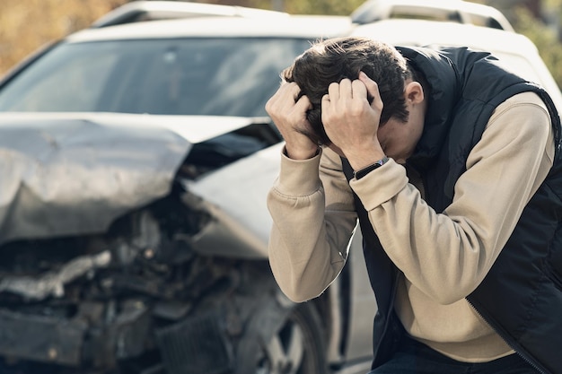 A frustrated man near a broken car. Grabbed my head realizing the damage is serious, the car is beyond repair.