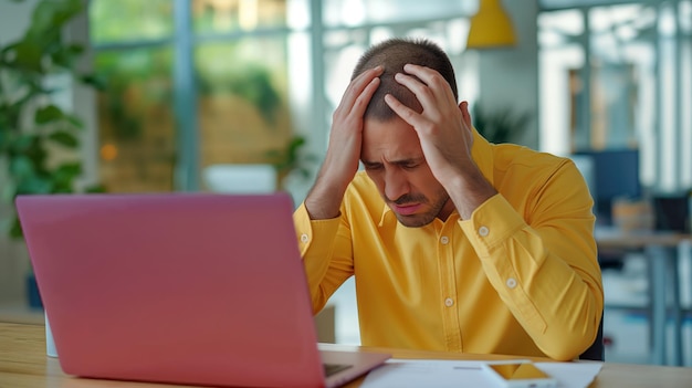 Frustrated Man in Office Environment with Laptop and Documents on Desk under Stress