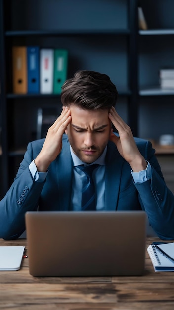 Frustrated millennial businessman having strong headache tired from laptop work