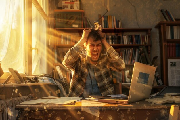 A frustrated person screaming at a cluttered desk bathed in golden afternoon sunlight streaming through a window