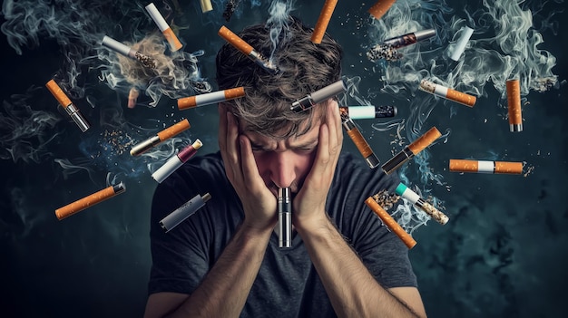 Photo a frustrated smoker with an ecigarette surrounded by messages highlighting that it does not help