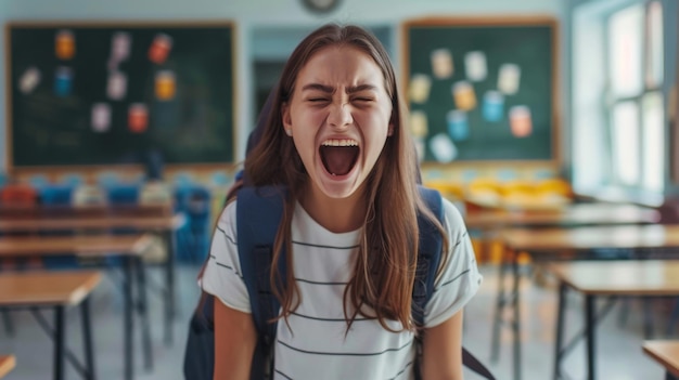 Frustrated Student Yelling in Classroom A young woman wearing a striped shirt and a backpack