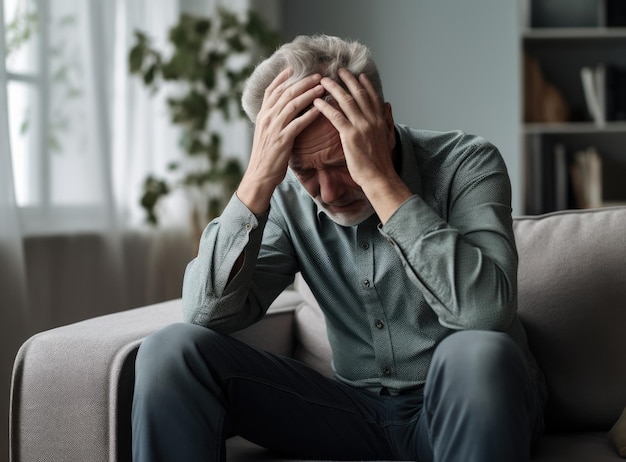 Frustrated unhappy senior man sitting on a sofa mental health concept