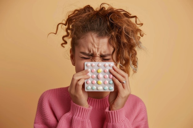 Photo a frustrated young woman holds a pack of medication against a soft yellow background