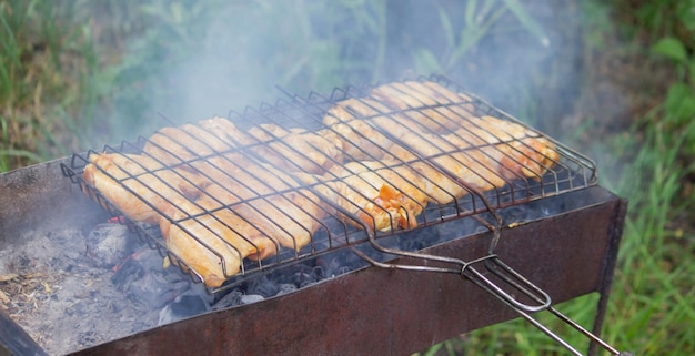 Fry chicken skewers on the grill Picnic in nature