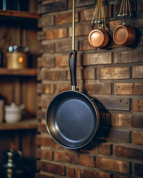 Photo frying modern empty cooking pan fry pan with nonstick coating black frying pans black handle