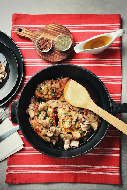 Frying pan with delicious chicken marsala on table