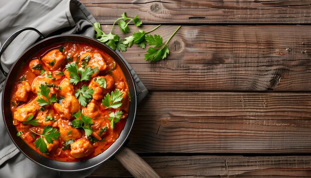 Photo frying pan with delicious chicken tikka masala on napkin