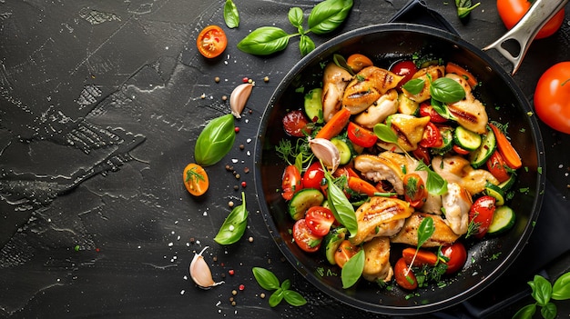 Frying pan with tasty vegetables and chicken on dark background