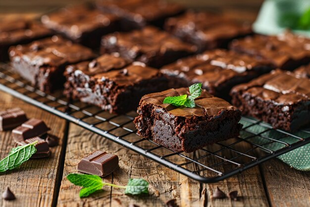 Photo fudgy brownies with mint leaves