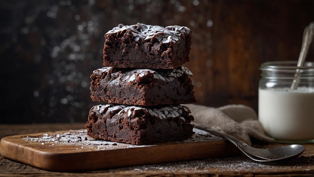 Photo fudgy chocolate brownies stacked on a rustic wooden board