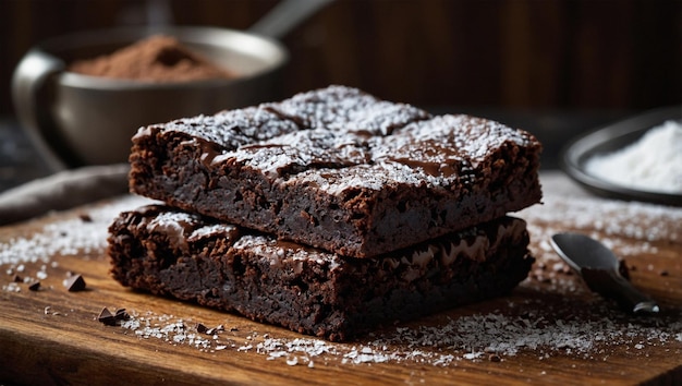 Photo fudgy chocolate brownies stacked on a rustic wooden board