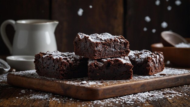 Photo fudgy chocolate brownies stacked on a rustic wooden board