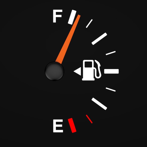 Photo fuel dashboard gauge showing a full tank on a black background. 3d rendering