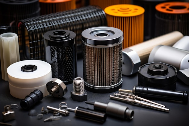 Fuel filter mesh showcased in a mechanics workshop with various other car components