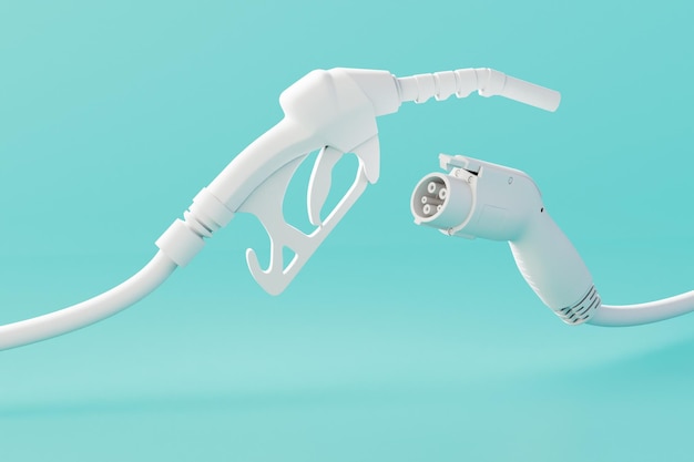 A fuel gun and a charger for an electric car on a blue background 3D render