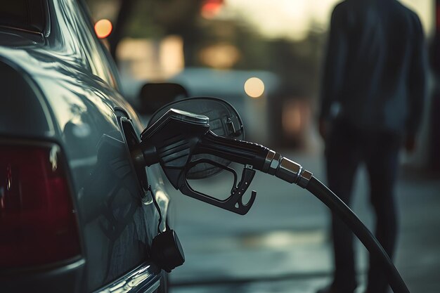 Photo fuel pump nozzle inserted into car fuel tank