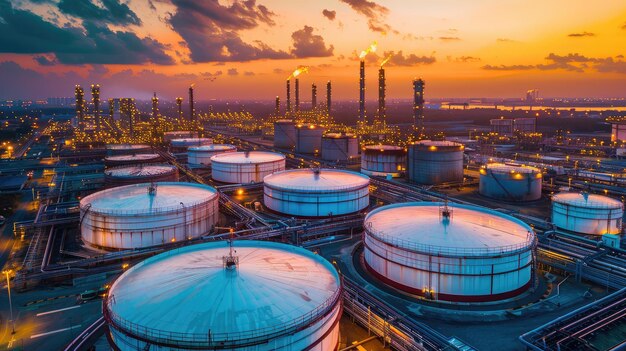 fuel storage tank farm with large tanks holding different types of petroleum products ready for distribution